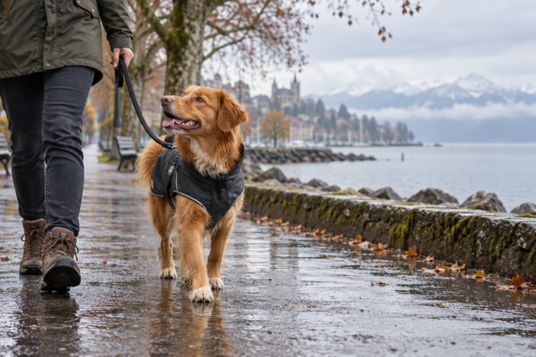 Chien portant un manteau imperméable lors d’une promenade hivernale en Suisse romande